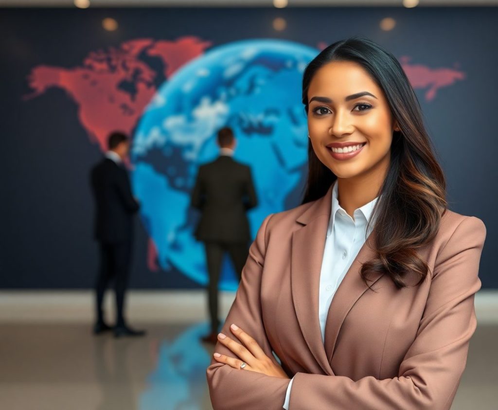 a-mixed-race-beautiful-female-professional-in-front-of-a-backdrop-that-represent-a-global-business-reaching-millions-of-people-across-the-world