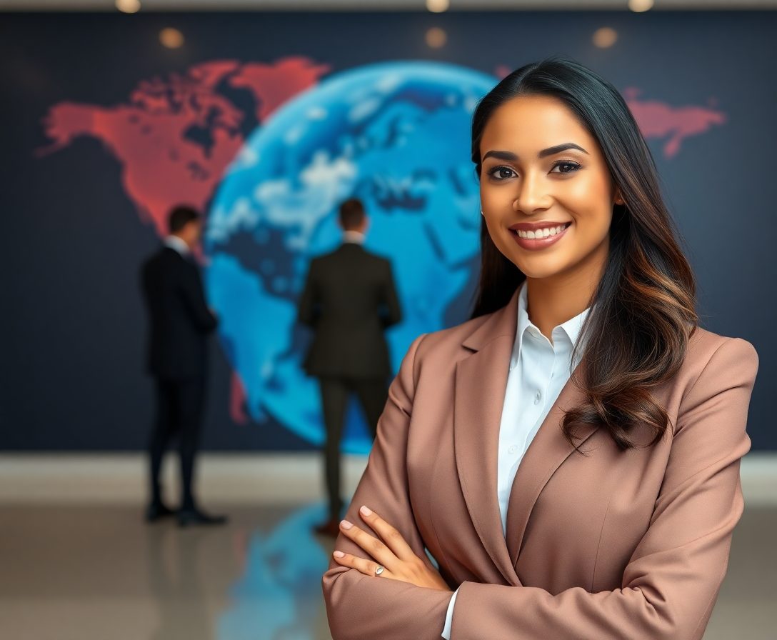 a-mixed-race-beautiful-female-professional-in-front-of-a-backdrop-that-represent-a-global-business-reaching-millions-of-people-across-the-world