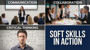 Professionals demonstrating key soft skills including communication leadership and problem solving