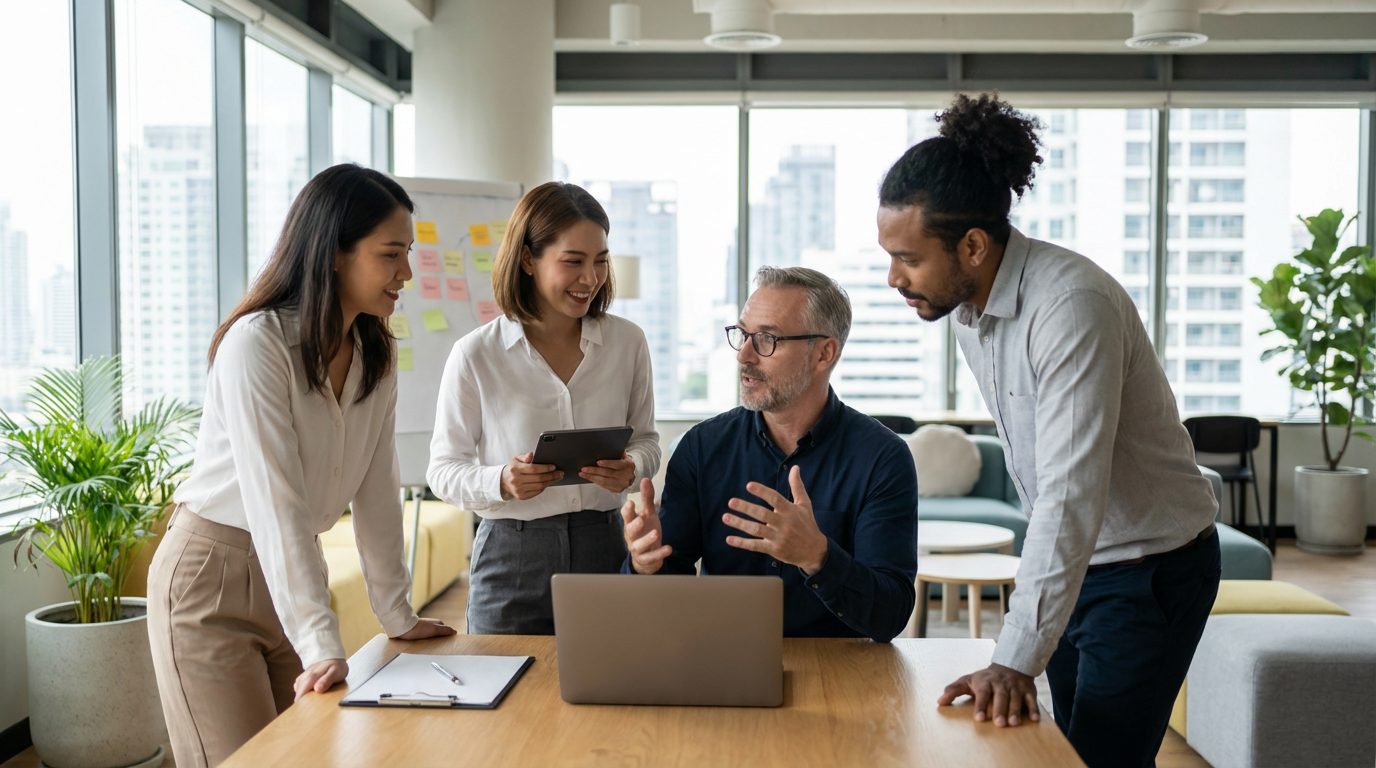 diverse group of professionals (3-4 people) collaborating around a table or standing together in a modern office setting. They should be engaged in conversation, perhaps one person gesturing as if explaining something, showing active communication and teamwork. Natural lighting, contemporary workspace.