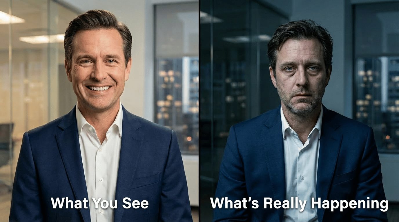 Professional in business attire with a forced smile or looking exhausted but trying to appear composed. Split-screen effect showing "mask on" vs "reality behind the mask" would be powerful.
