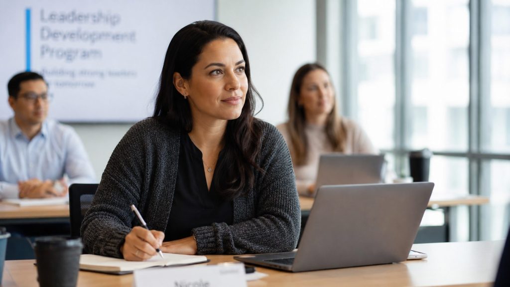 A professional attending a training workshop or development session, sitting at a desk taking notes with a laptop open