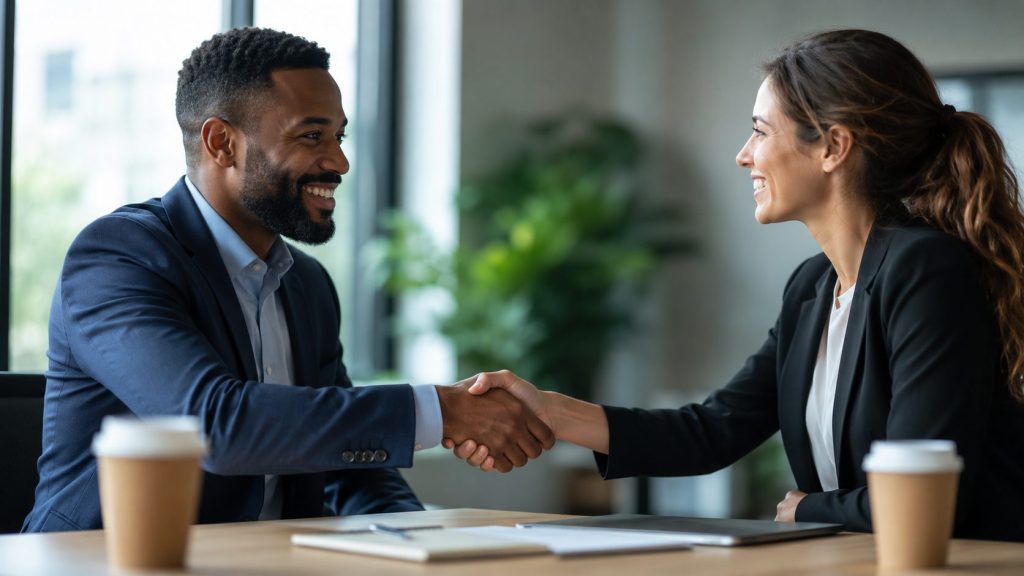 Close-up of a leader and team member shaking hands across a desk in a modern office.