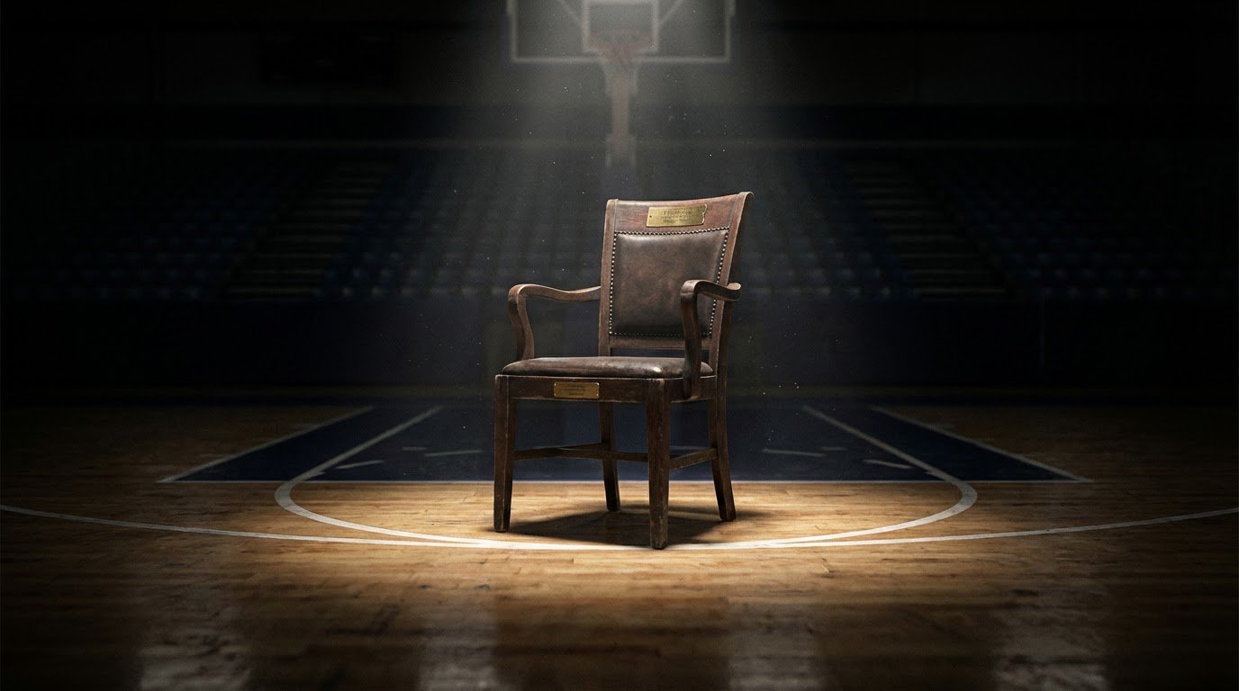 chair in the center of an empty gymnasium