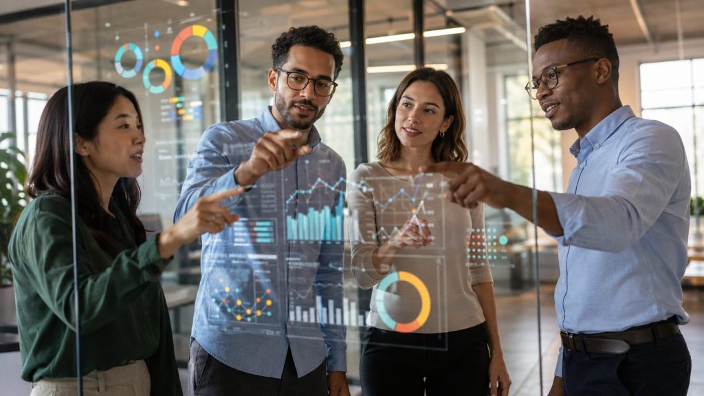 A diverse team standing at a glass office wall reviewing a performance dashboard together, engaged in finding patterns in the data, representing what real behavior change measurement looks like in action.