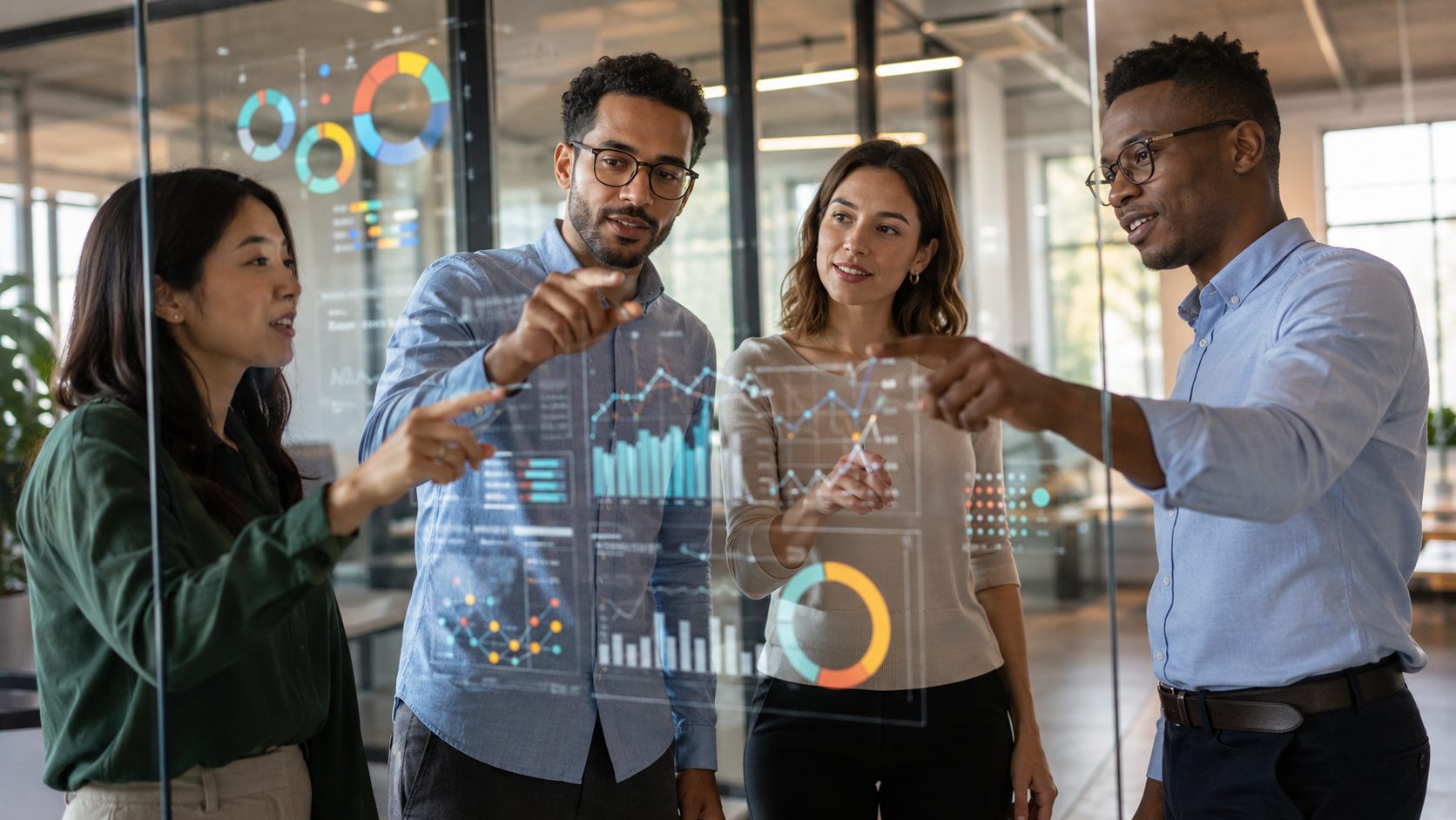 A diverse team standing at a glass office wall reviewing a performance dashboard together, engaged in finding patterns in the data, representing what real behavior change measurement looks like in action.