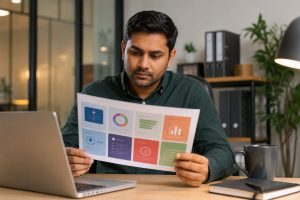 An L&D professional reviewing a printed performance metrics chart at his desk, representing the seven measurement categories that turn training into provable results.