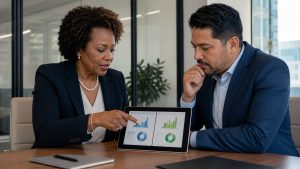 An executive and a manager reviewing a before-and-after performance comparison on a tablet, representing the kind of ROI conversations leadership should be having about training results.