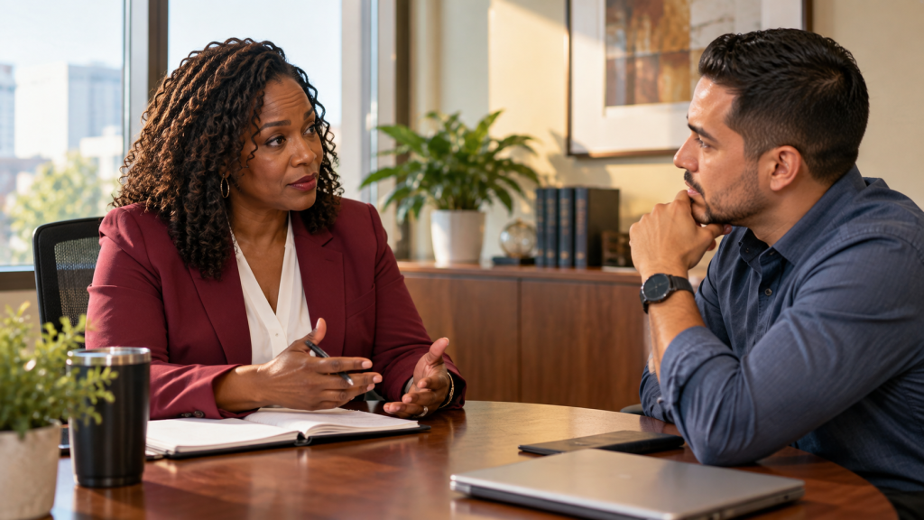An HR leader and a manager in a calm, focused difficult conversation at a small conference table, representing what navigating a hard workplace conversation looks like when done well.