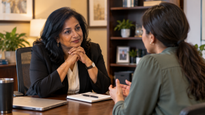 A senior executive leaning in and actively listening to a colleague, representing the listen before you lead step of navigating a difficult conversation.
