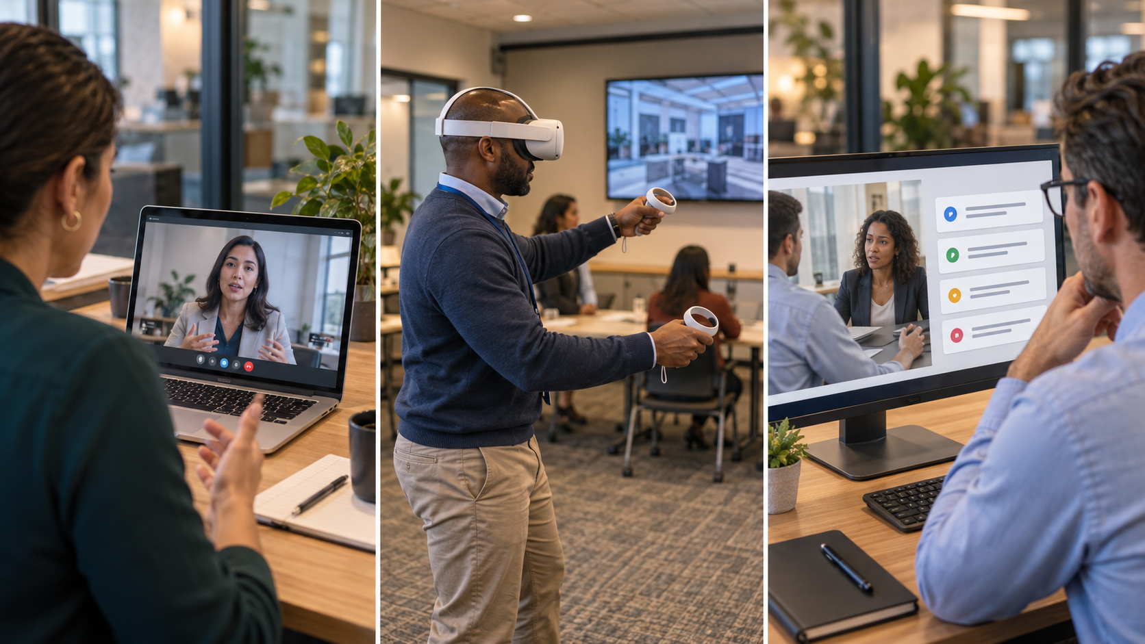 Three-panel corporate learning image showing an employee practicing an AI role-play on a laptop, another using VR to practice workplace skills, and a third completing an interactive eLearning simulation.