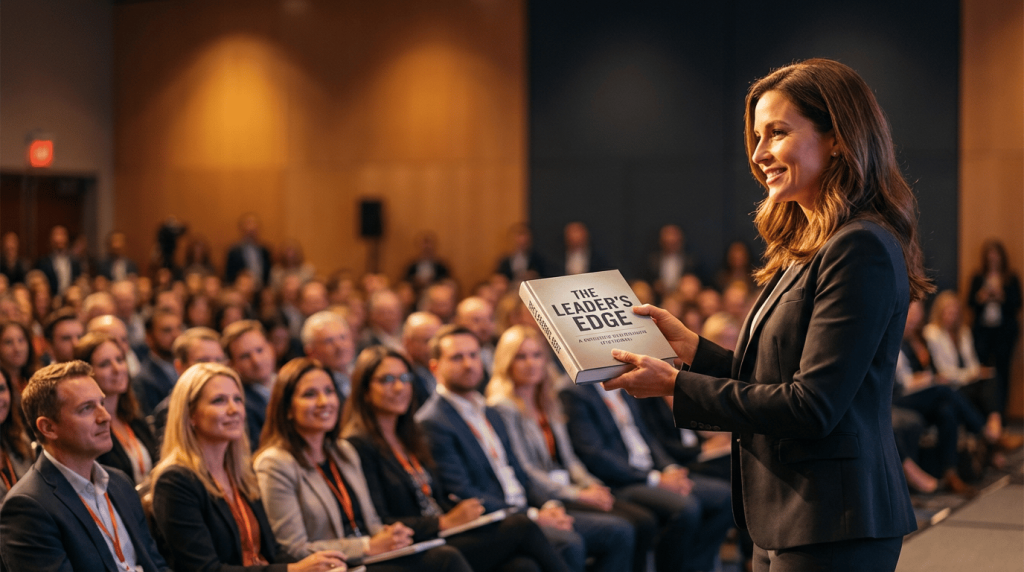Professional on stage holding their book at a speaking engagement.